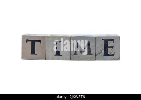 Wooden cubes showing the word time on white background, for designs and layouts Stock Photo