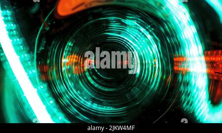 Abstract retro neon lights reflected from glass surface Stock Photo