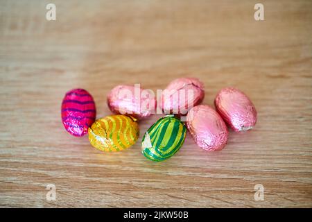 Small Easter chocolate eggs packed in colorful foils Stock Photo