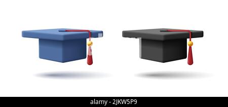 3d icon of graduation cap in blue and black colors. Vector illustration Stock Vector