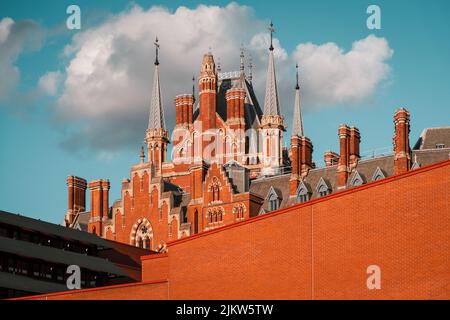 A low angle shot of the Saint Pancras International building exterior in London, UK Stock Photo