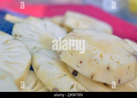 A close up slice pineapple background texture. Stock Photo