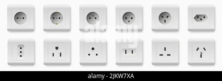 Realistic socket types. Plastic white interior wall outlets mockup. Different power contacts. Electrical charging equipment. Electricity circuit Stock Vector