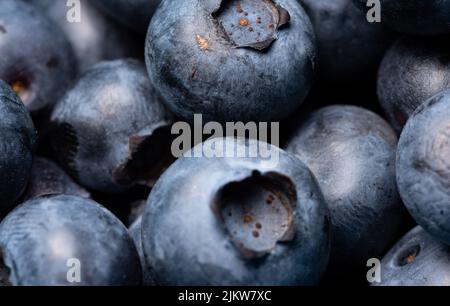 Blueberries on a macro scale. Dark berries in close-up. Ripe blueberries isolated. Healthy, natural fruit. Stock Photo