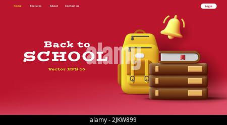 Web banner with 3d illustration of school backpack, pile of books and bell. Vector illustration on red background Stock Vector