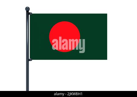 3D illustration of flag of Bangladesh with chrome flag pole with snap hooks in blue sky straight. White background via an alpha channel of great preci Stock Photo