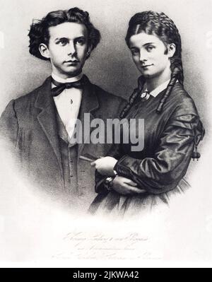 1867 , GERMANY : The  king of Bayern LUDWIG II of Wittelsbach ( 1845 - 1886 ) with his cousin SOPHIE Duchess  von Bayern Wittelsbach  ( 1847 - burned to death in Paris 1897 ), sister of Empress Kaizerin SISSI Elisabeth of AUSTRIA ,  when was engaged . The bond was forget on 22 january 1867 but dissolved again eight months later. Sophie later married in 1868 the prince Ferdinand D' Orléans  Duc d' Alençon ( 1844 - 1910 )  - RE - REALI - ROYALTY - nobili - nobiltà - BAVIERA - BAVARIA  - german nobility - fidanzati - fidanzamento - stampa - engraving - incisione   ----  Archivio GBB Stock Photo