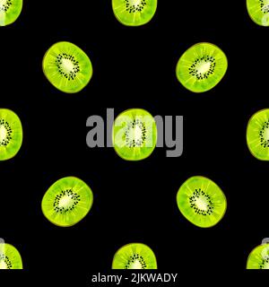 Seamless pattern with iIllustration a kiwi slices on a black background Stock Vector