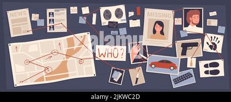 Detective board with pins and evidences on wall, crime investigation vector illustration. Cartoon map, newspaper articles, photos of victim, criminal weapon and vehicle with connection by red thread Stock Vector