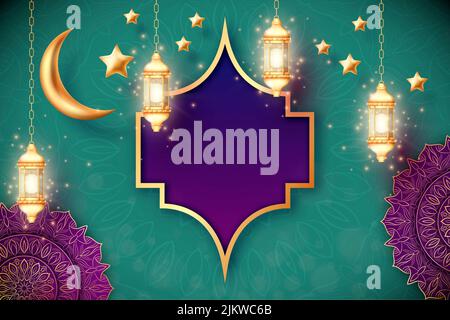 Hanging Ramadan lanterns and stars with golden crescent moon Stock ...