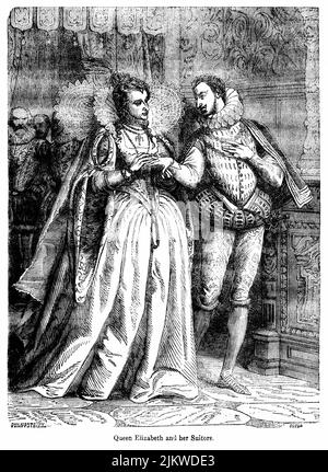 Queen Elizabeth and her Suitors, Illustration from the Book, 'John Cassel’s Illustrated History of England, Volume II', text by William Howitt, Cassell, Petter, and Galpin, London, 1858 Stock Photo