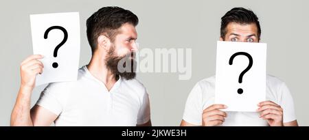 Man a question, anonymous, incognita. Question mark, symbol. Man with question mark. Paper notes with question marks Stock Photo