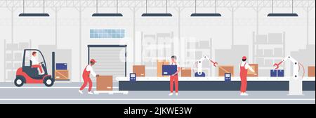 Work of warehouse automated conveyor and wholesale logistics system. Cartoon workers using machinery and electric belt to load boxes with goods inside storehouse background. Modern storage concept Stock Vector