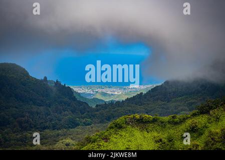 The valley and the opening of the clouds near Manoa Falls in Oahu, Hawaii. Stock Photo