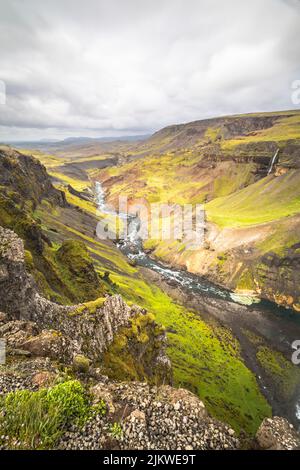 The waterfall Haifoss is situated near the volcano Hekla in the south of Iceland. Stock Photo
