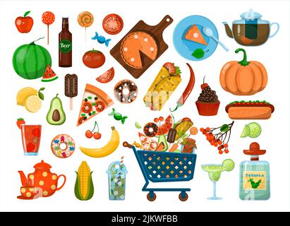 Vector big Food set. Flat icons set. Menu Restaurant, carts, sale, ads. Cartoon illustration of healthy food, fast food, mexican, fruits, vegetables Stock Vector
