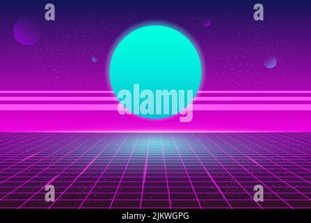 Synthwave Retro Blue Planet Neon Grid Background 80s Futuristic Party Style Background Stock Vector