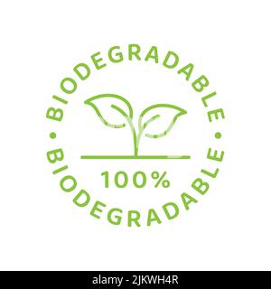 Biodegradable label in green with leaf and circle. Eco packaging recyclable symbol. Stock Vector