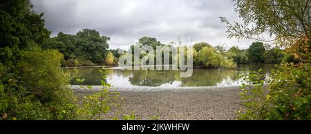 The depleted Cemetery Lake on Southampton Common, Hampshire, England, on 2 August 2022 following the driest July since 1935. Stock Photo