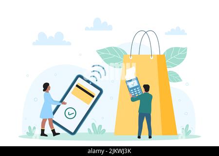 Contactless cashless payment with PayPass, NFC technology vector illustration. Cartoon tiny customers buy, pay online for purchases, holding POS terminal and mobile phone with credit card on screen Stock Vector