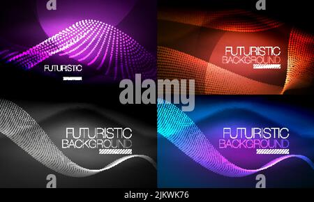 Set of neon glowing waves and lines, shiny light effect digital techno motion backgrounds. Collection of dark space magic vector templates Stock Vector