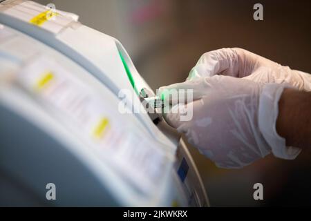 Hematology laboratory, blood gas measurement. Stock Photo