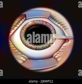 Eye, intraocular implant, step 1: small incision in the cornea. Stock Photo