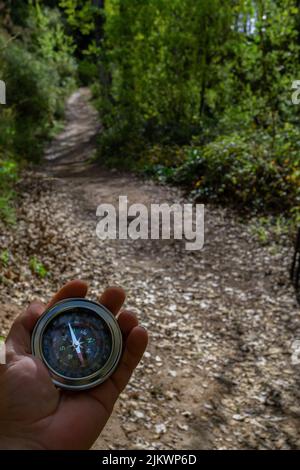 man's hand holding a compass in the forest with a leafy trail in the background Stock Photo