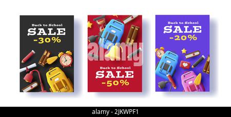 Back to school set of posters with education equipment for study 3d illustration. Vector illustration Stock Vector