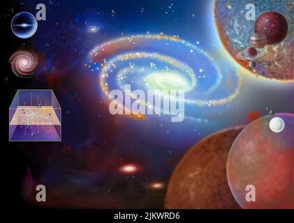 Milky Way in the center and scale of different stars (Red Dwarf, Sun.) On the right. Stock Photo