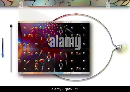 Operation of a photovoltaic solar cell (action): light excites electrons. Stock Photo