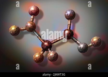Glycine composed of 10 atoms: 5 hydrogens, 2 carbons, 2 oxygen, 1 nitrogen. Stock Photo