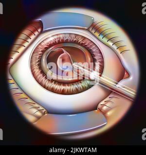 Eye, cataract, phacoemulsification - step 3: placement of the implant in the capsular bag. Stock Photo