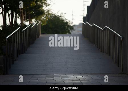 A paved stone footbridge with blurred background of trees Stock Photo