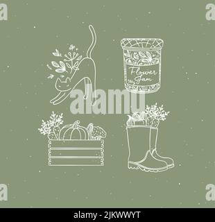 Village collection of icons vegetable box, boots, cat, jar of jam drawing in graphic style on green background Stock Vector