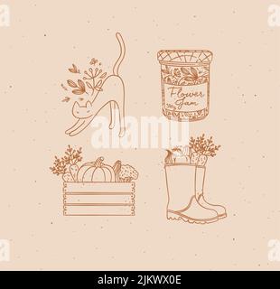 Village collection of icons vegetable box, boots, cat, jar of jam drawing in graphic style on peach background Stock Vector