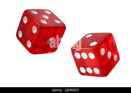 Red pair of casino dice rolled a seven with each die rolling a five and two isolated on white background with clipping path cutout concept for games o Stock Photo