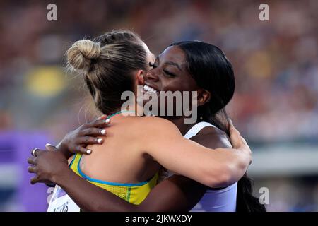 Birmingham, UK. 03rd Aug, 2022. Daryll Neita of England celebrates winning her 100m semi final in Birmingham, United Kingdom on 8/3/2022. (Photo by Conor Molloy/News Images/Sipa USA) Credit: Sipa USA/Alamy Live News Stock Photo