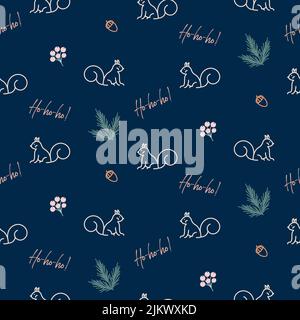 Seamless christmas pattern with squirrels, berries on blue background, vector retro style Stock Vector
