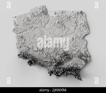 Poland. Shaded relief map with major urban areas 3d illustration Stock Photo