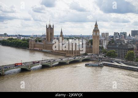Houses of Parliament and Big Ben seen from the London Eye above the River Thames in August 2022.