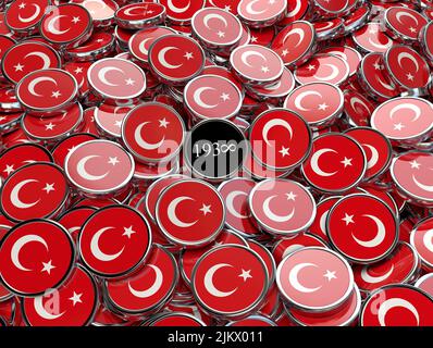 A closeup shot of red round Turkish flags with a dark year sign of Mustafa Kemal Ataturk Stock Photo