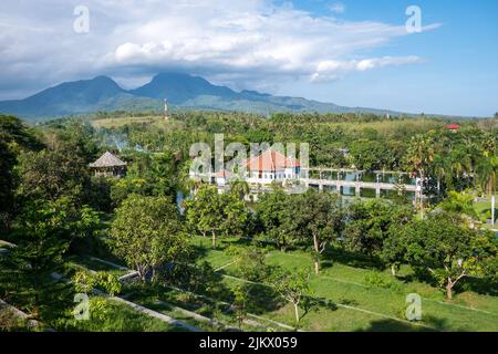 An aerial view of the Balinese temple and mountain landscape in Bali, Indonesia Stock Photo