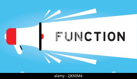 Color megphone icon with word function in white banner on blue background Stock Vector