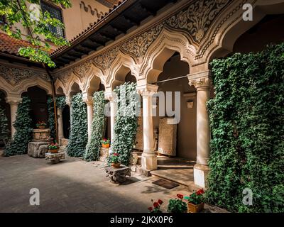 An outdoor view of old architecture with vines growing on the surface Stock Photo