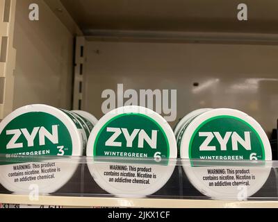 New York City, New York, USA. 2nd July, 2019. A ZYN sign on display in the  East Village.Zyn are Tobacco-Free Nicotine Pouches made with various  flavors including peppermint, coffee, cinnamon. They are