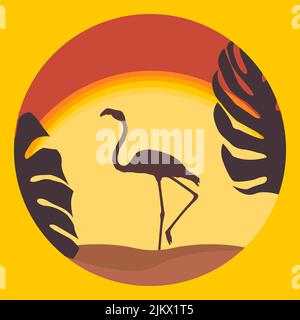 Flamingo silhouette at sunset with tropical leaves Stock Vector