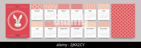 Calendar template for 2023. Vertical design with a Chinese theme. Traditional patterns. Editable page template with A4 illustrations, set of 12 months Stock Vector
