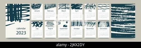 Calendar template for 2023. Vertical design with with abstract hand drawn doodles. Editable page template with A4 illustrations, set of 12 months with Stock Vector