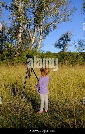 A vertical shot from behind a little cute blonde baby girl standing near the camera on the grass Stock Photo